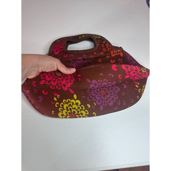 Boho Floral Neoprene Top-Handle Clutch Purse – Brown Pink Purple, Zip - Picture 3 of 6